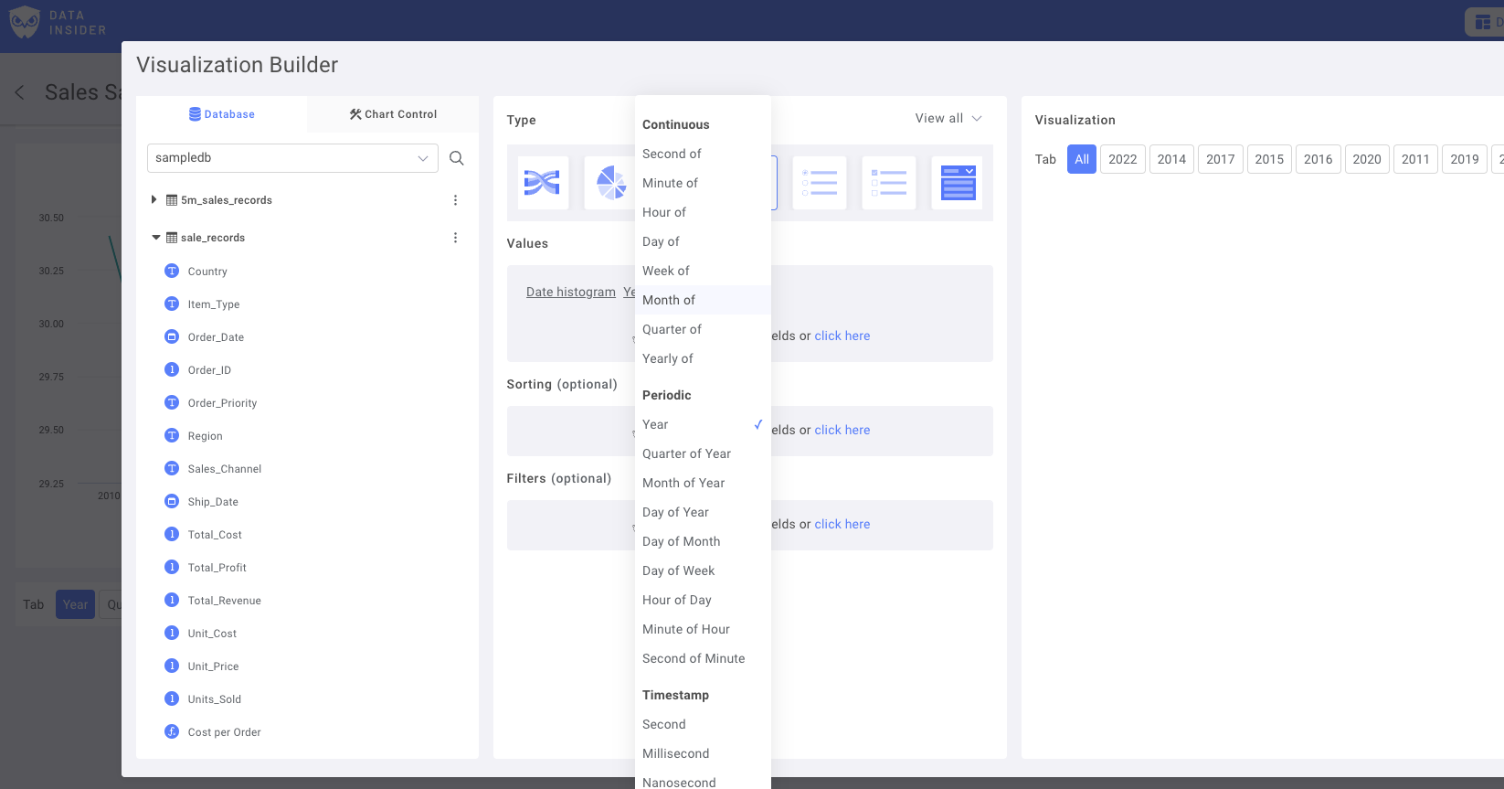 Конфигурация диапазона дат с различными вариантами периодов, такими как год, месяц и день